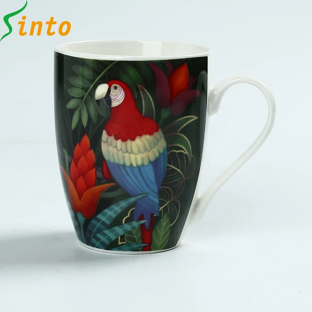 12 OZ 2018 Newly designed parrot and floral printing porcelain mug