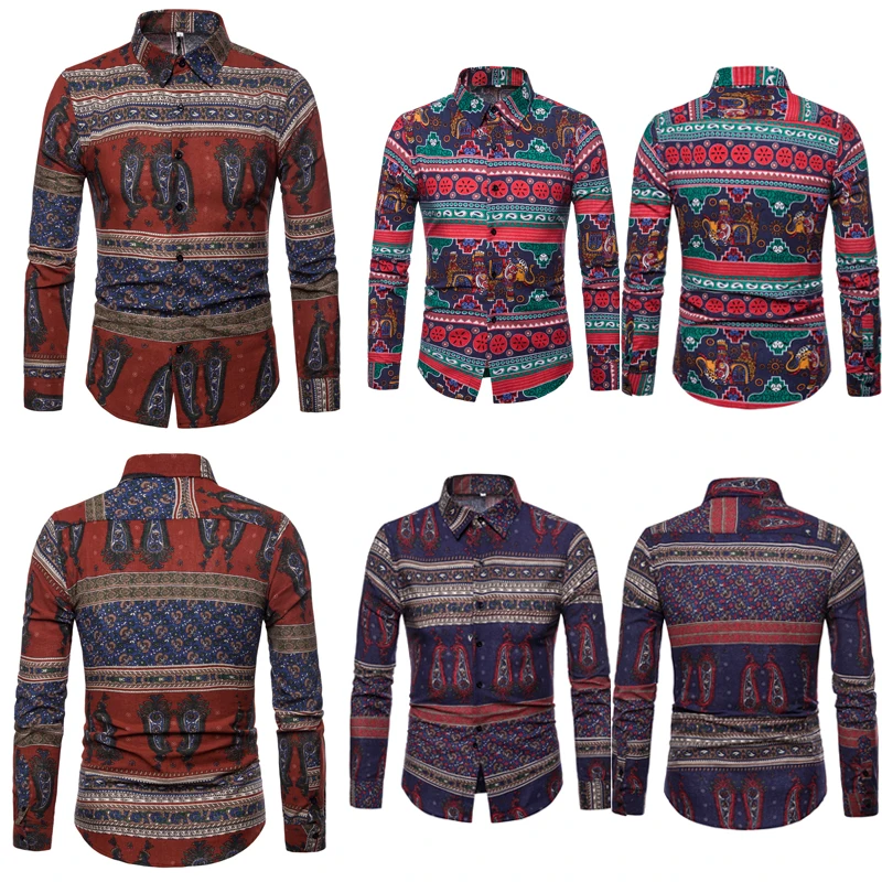 Men Linen Floral Shirt Long Sleeve Slim Fit Top Thailand Mexico Style Elephant Shirts Casual Dress Shirt