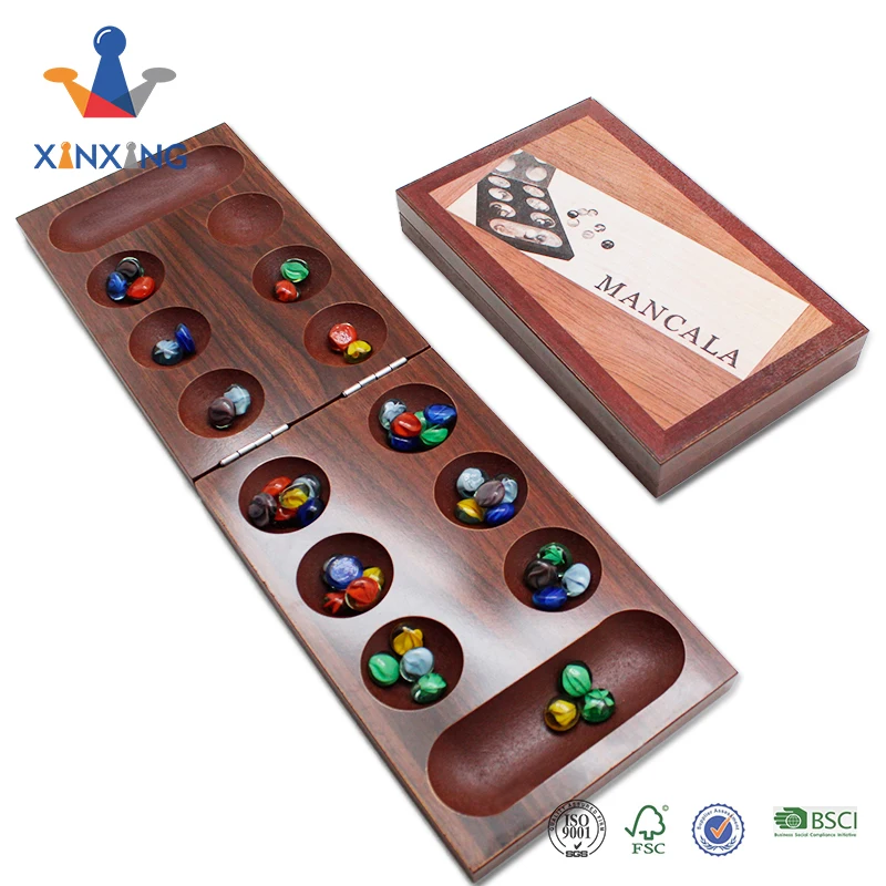 Mancala Board Game Set by GrowUpSmart with Dark Folding Wooden Board + Beautiful Multi Color Glass Beads - Smart tactical game f