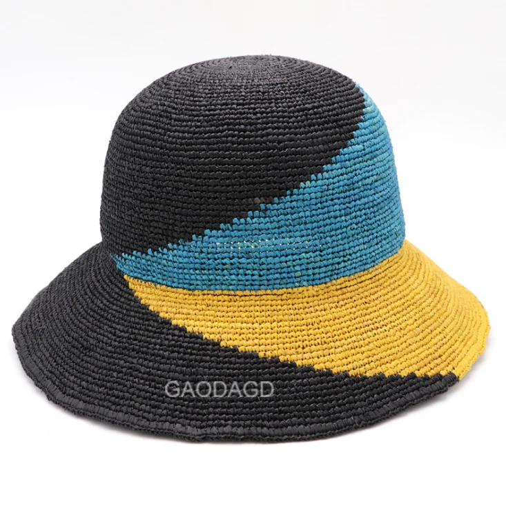Custom outdoor sun protective raffia straw bucket hat
