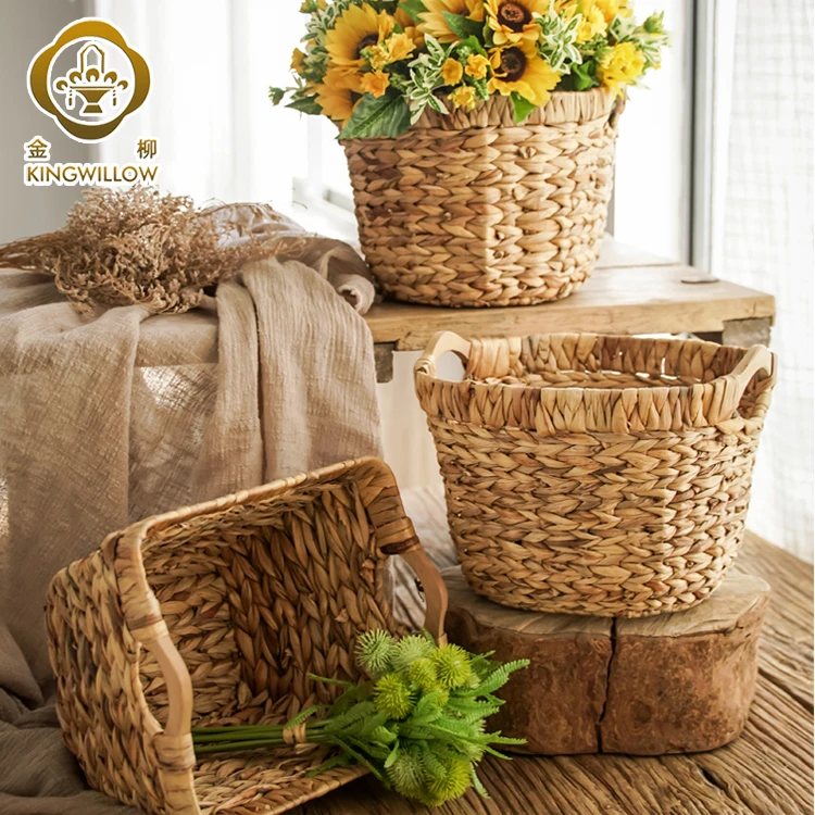 Handmade water hyacinth flower pot flower basket with handle