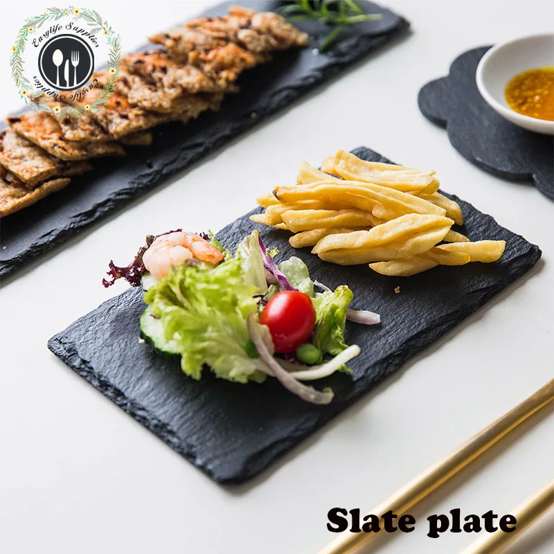 large rectangle square black natural slate table servingplace mats placemats tray steak dinner plate