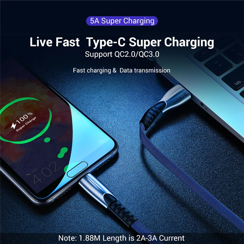 USB-кабель DIVI 5A типа C для быстрой зарядки, USB-кабель типа C для передачи данных для Samsung S9
