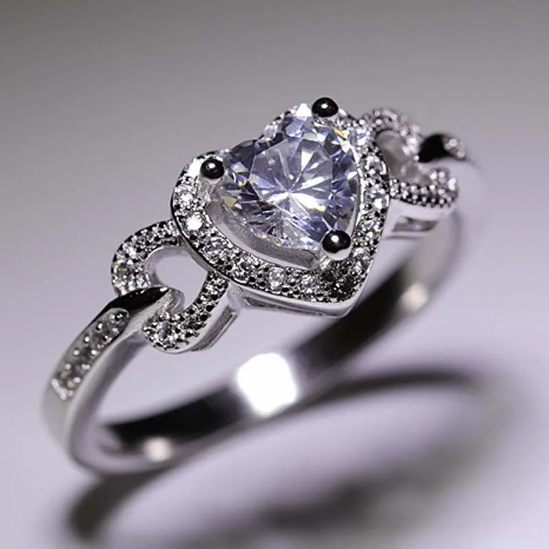 Luxury 8mm Big Stone Heart Love 925 Stamped Silver Color Ring White Copper Full CZ Princess Engaged Women Wedding Ring