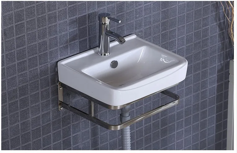 Square Design Ceramic Simple Wall Hung Basin with Stainless Steel Shelf