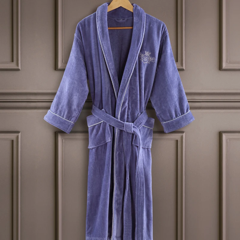 Hot Selling Custom Logo Shawl Collar Bath Robe 100% Cotton Velour Terry Bathrobe for SPA Resort Hotel