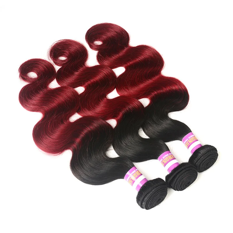 
Wholesale Ombre Human Hair 3 Bundles Burgundy Brazilian Two Tone Virgin Hair Weave with Lace Closure 