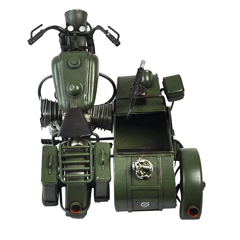 Durable Newest Design Sidecar Iron Green Motor  Antique Tricycle Motorcycle Model 1:8 Scale Vintage Home Decor