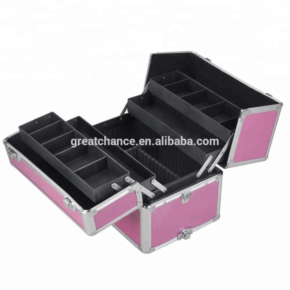 Pink 3 in 1 Pro Aluminum Rolling Makeup Case Salon Cosmetic Organizer Trolley