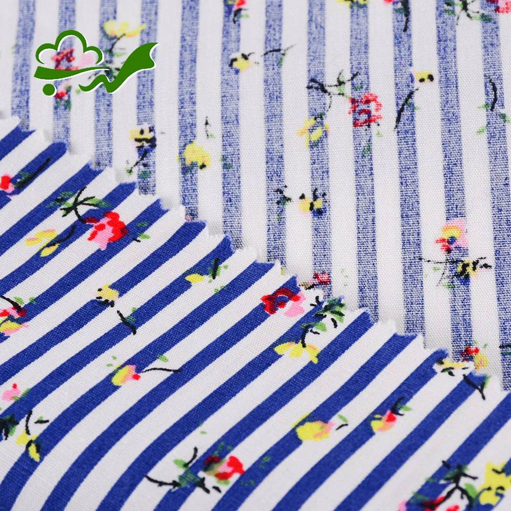 New design custom printed flower stripes blue 100% cotton shirt fabric