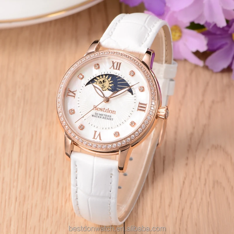 High quality japan movement diamond moon phase watch for women
