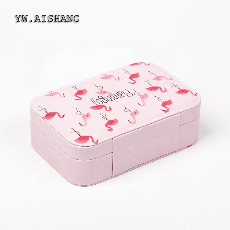 
Hot Sale Ins Style Flamingo Imprint Jewelry Organizer Pink Leather Travel Jewelry Case For Lady 