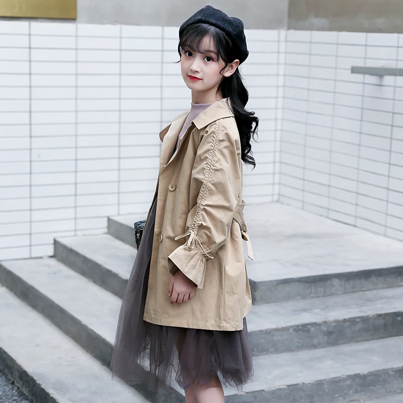 
New products girls cotton fabric puff sleeve belt princess dust coat overcoat 