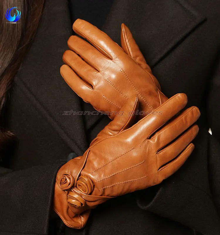 Hot sale ladies winter wool lined sheepskin leather hand gloves manufacturers women leather gloves