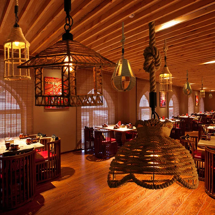 Vintage Industrial style different shape of hemp rope pendant chandelier lamp