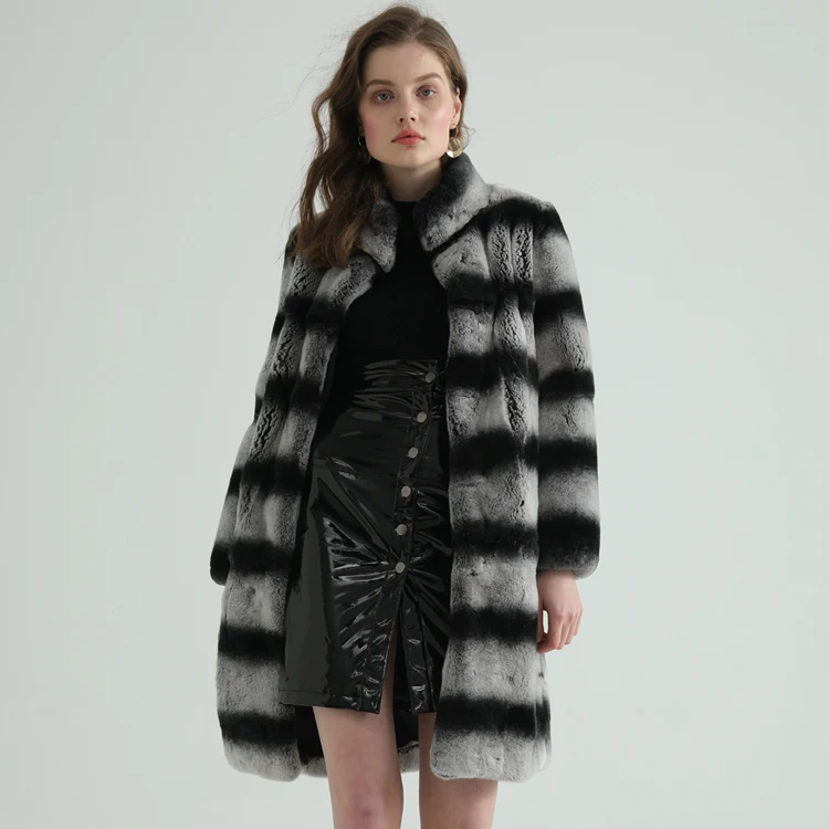 Fashion Custom Made Black Gray Stripe One Whole Leather Real Rabbit Fur Coat for Women