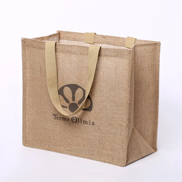 Natural eco-friendly custom printed logo packaging waterproof jute carry bag tote jute bag wholesale promotional shopping