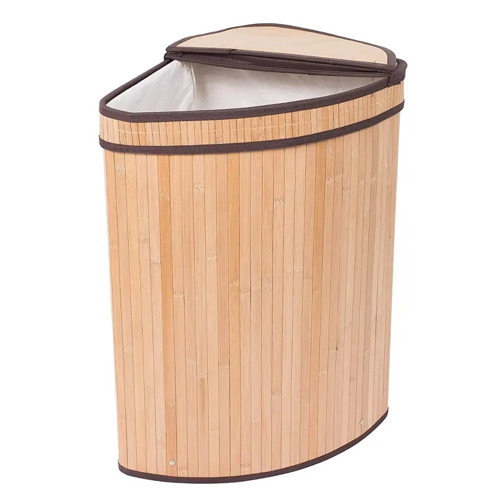 
Corner Laundry Hamper with Lid and Cloth Liner Bamboo Natural Easily Transport Laundry Basket Collapsible Hamper 