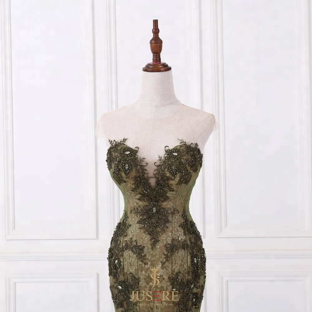 Green Mermaid Embroidered Plunging Neckline Sweetheart  Women muslin Evening Dress Prom Gown