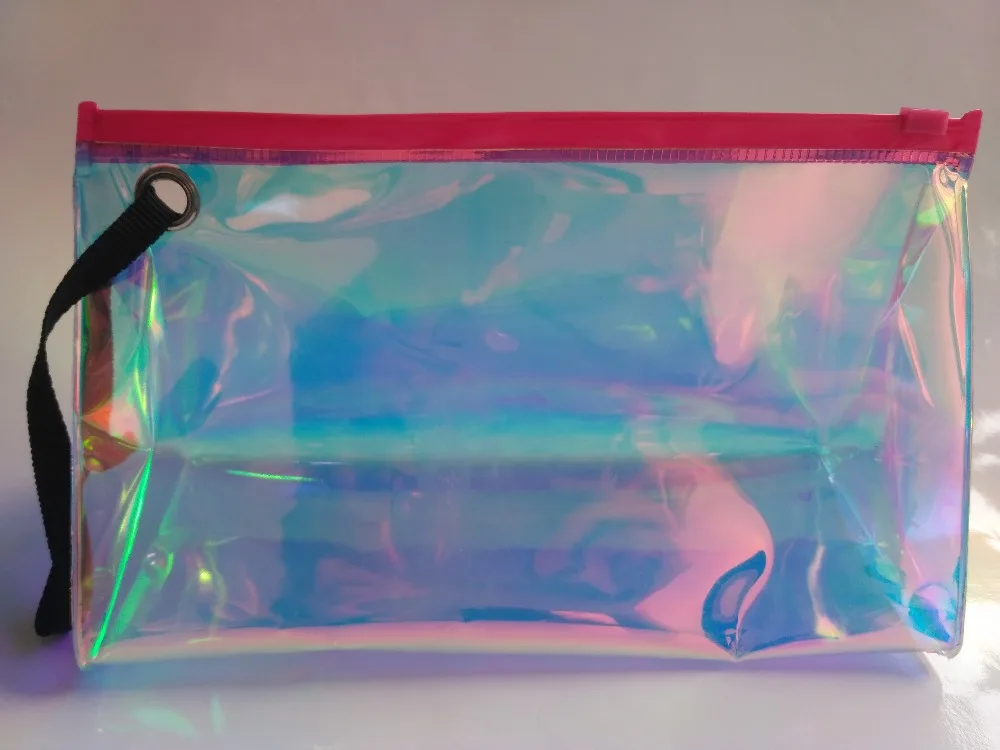 Custom holographic washable Tpu toiletry cosmetic bag transparent holographic travel  pvc makeup bag