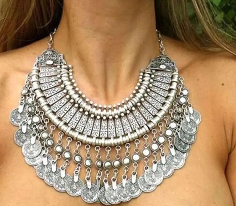 Gypsy Vintage Silver Beach Choker Coin Tassel Bib Statement Necklace For Women Festival Jewelry