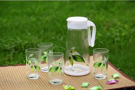 
New design 7pcs decal printed glass drinking jug set with 1 jug & 6 glasses cup/water&juice pitcher set 