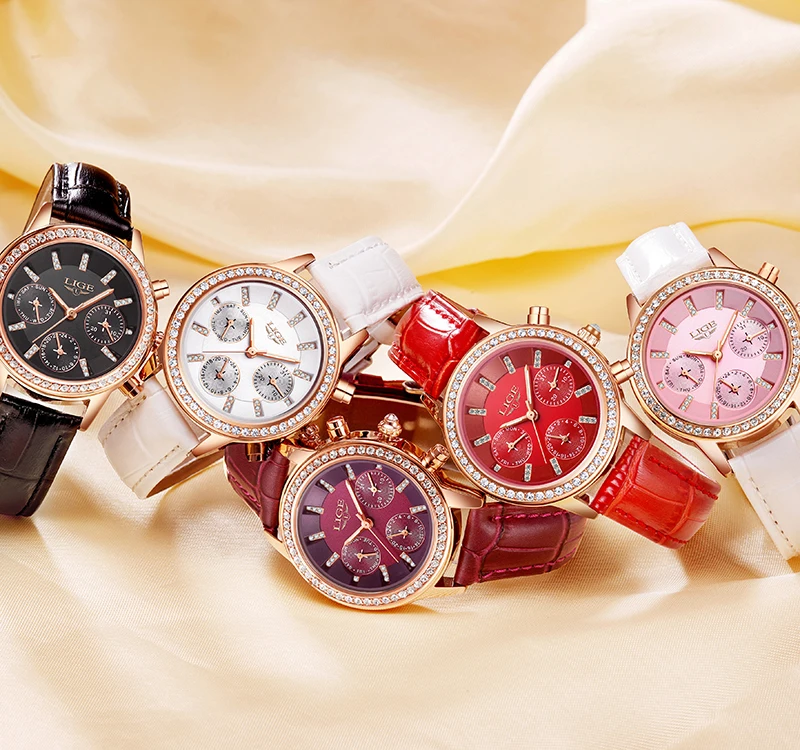 LIGE Luxury Brand Women Dress Watches Ladies Waterproof Leather Quartz Watch Woman Fashion Diamond watches