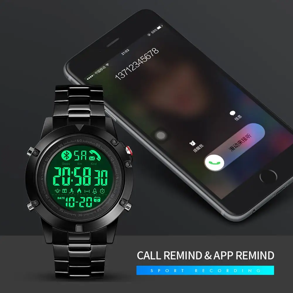 SKMEI 1500 App Remind Pedometer Watch Smart Watch Stainless Steel Waterproof Sport Wristwatches for Men