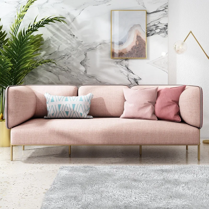 Wholesale Modern Furniture Living Room Metal Leg Pink 2 or 3 Seater Sectional Fabric Sofa