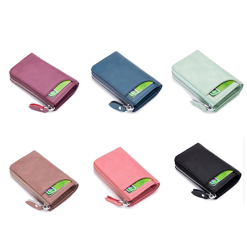 Multi-function car key case coin purse genuine cow leather wallet card key ring multi-color