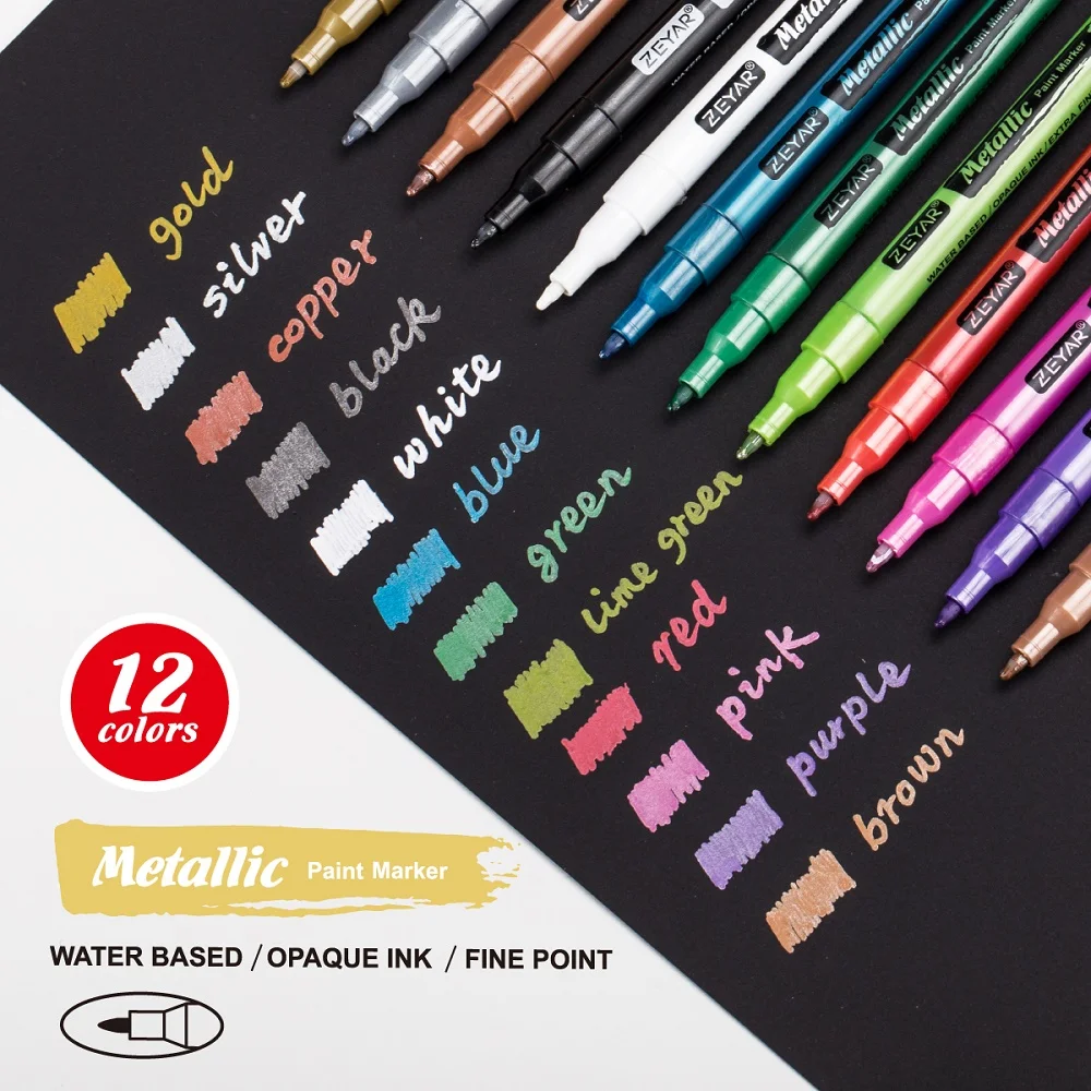 Customization  ZEYAR Metallic  Paint Marker Water-based Valve Action Paint Pens, Fine Point Acrylic Tip, 12 colors