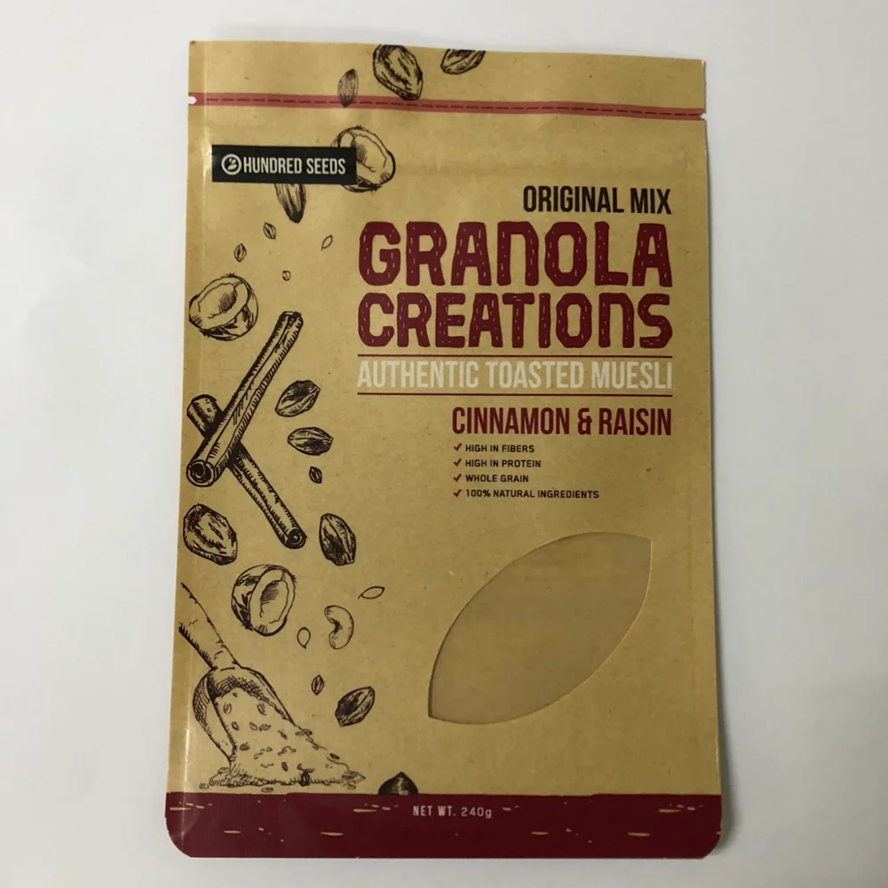 Granola Creation Seeds packaging 1.25kg 20x30+5CM Clear Brown Zip Lock Zipper Kraft Paper Bag