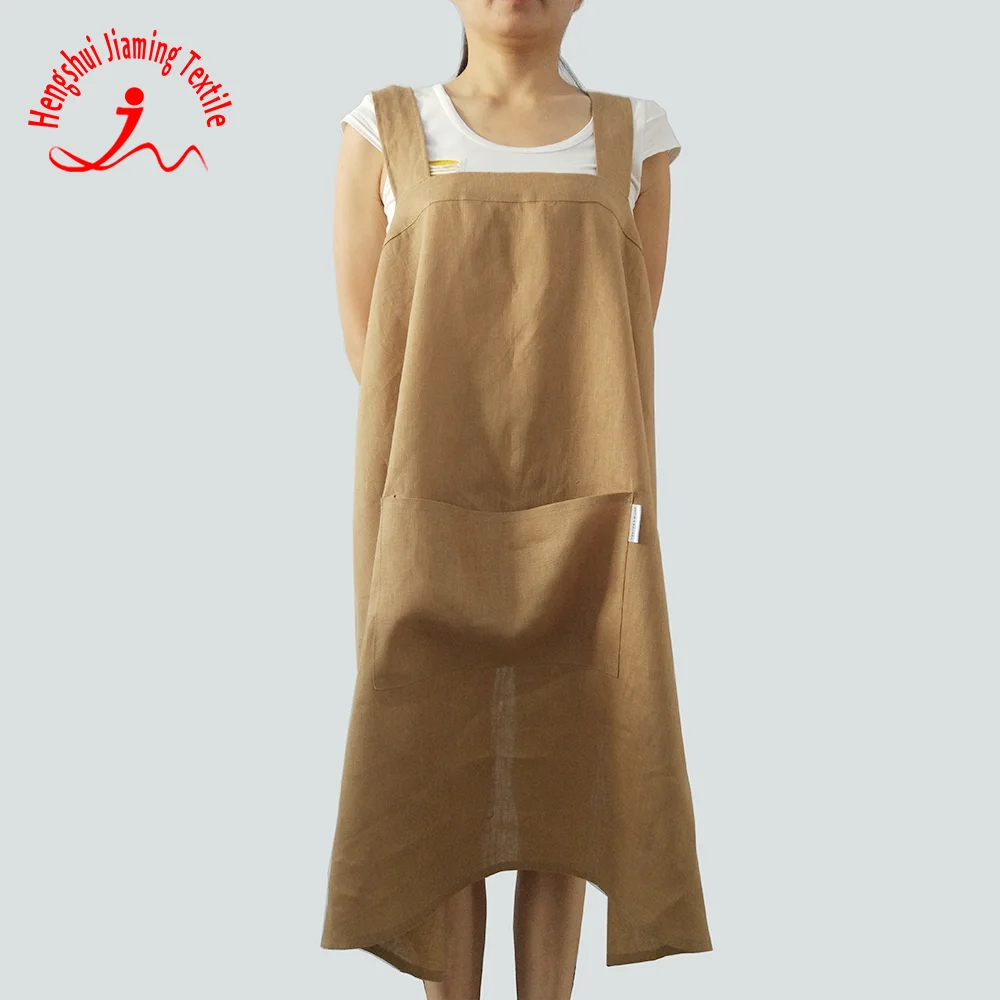 Beauty Women cross back linen apron kitchen cooking long apron with pocket linen crossback apron