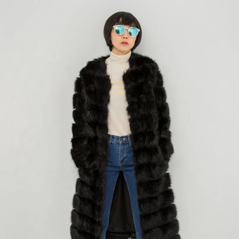 
Warm Winter Hot Sale Long Black Faux Fox Fur Coat 