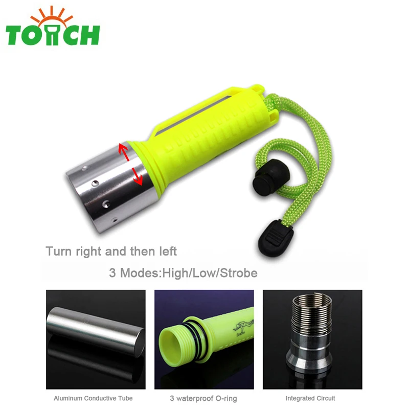 
High Quality 50 Meter Dive Linterna t6 Diving Flashlight Underwater Led Hard Light Torch for 18650 battery 