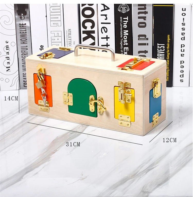 
2019 new wooden toy unlock box 10 kinds of different locks for kids to recognize locks 