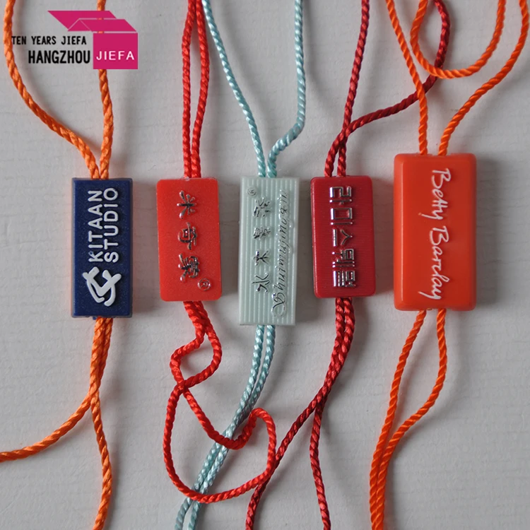 Low MOQ Suppliers Price Eco-Friendly Custom Brand Logo Ribbon Hang Plastic String Seal Tags for Clothing