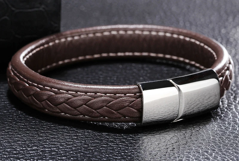 Popular Unisex Brown Leather Bracelet Stitched Plaited Bangle Cuff Jewelry