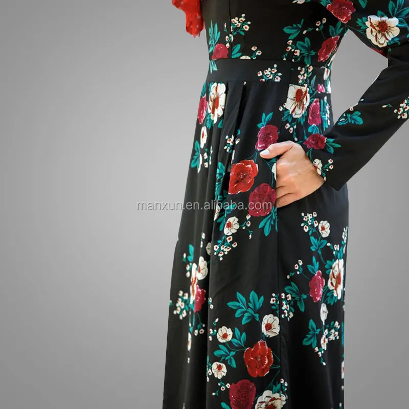 New Fashionable Women Ethnic Gender And Middle East Region Abaya Islamic Jilbab Floral Printing Ruffle Long Sleeve Maxi Dress