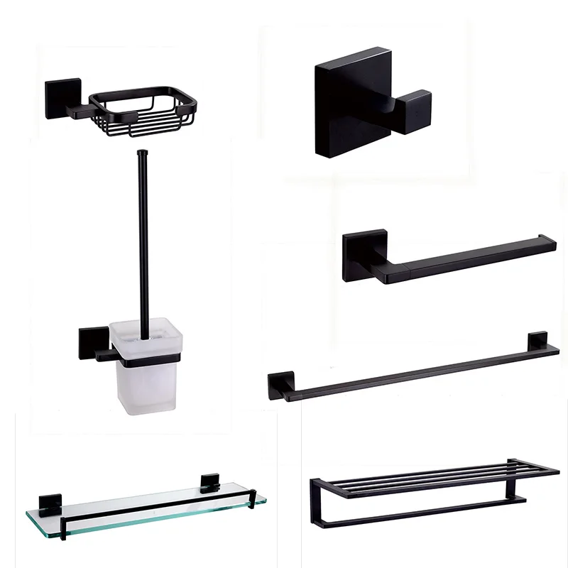 black bathroom accessory set towel rack