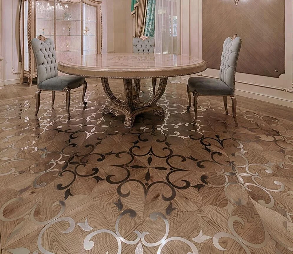 steel inlay oak wood laminate parquet flooring