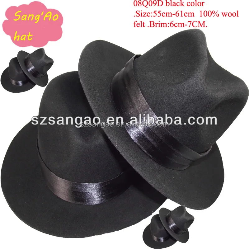 Black wool dress hat with satin fabric and leather sweatband