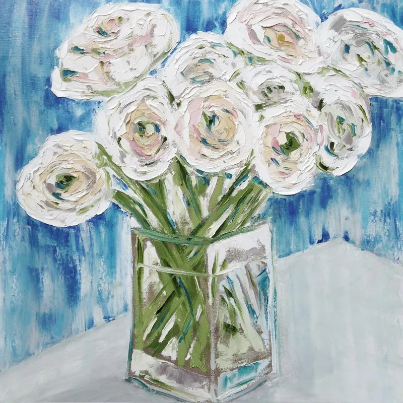 Elegant White Rose Painting Flower Vase Still Life Canvas Oil Painting