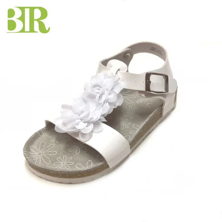 New design pu upper flower decorated cork sole girls sandals for children