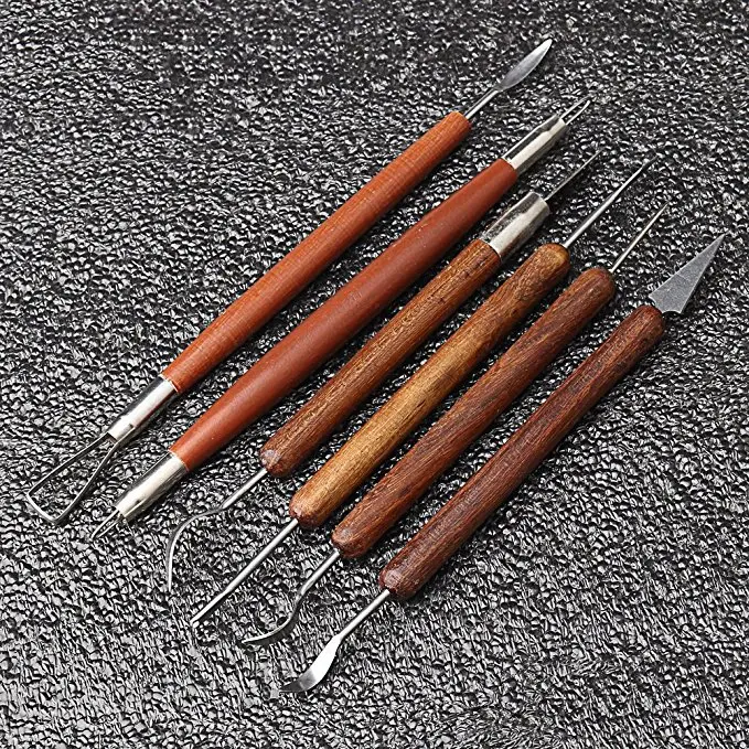 6Pcs Clay Sculpting Tools Wooden Handle Double-Sided Set for Pottery Sculpture