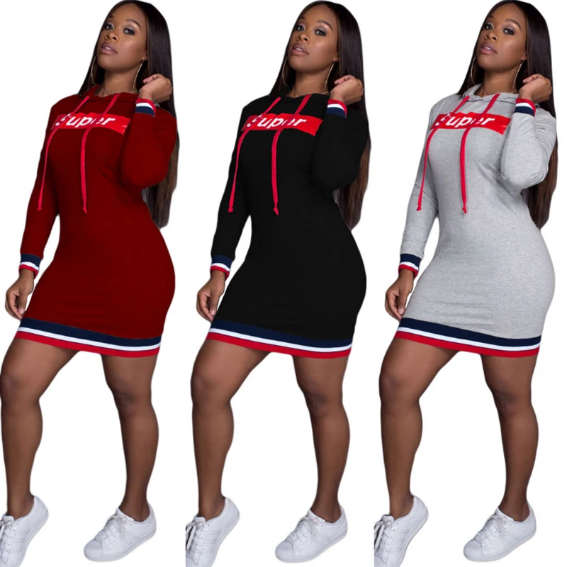 
Casual Hooded Collar Letters Printed Grey Polyester Mini Dress With African Bodycon Dress 