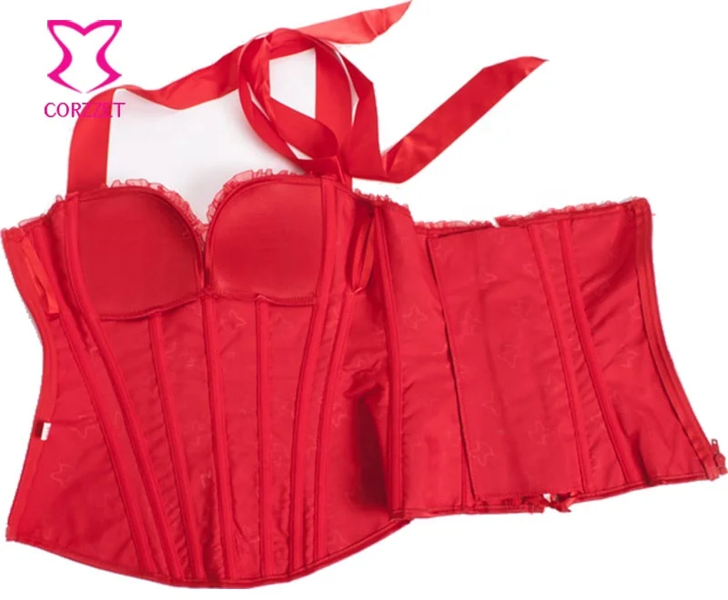 Corzzet Side Zipper Ribbon Halter Overbust Corset Top Front Bow Satin Bustier Lace Trim Bordered Women Christmas Sexy Red Outfit