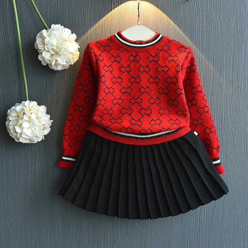 Autumn 2-6 years red and black skirt set knitting crochet baby girl sweater design