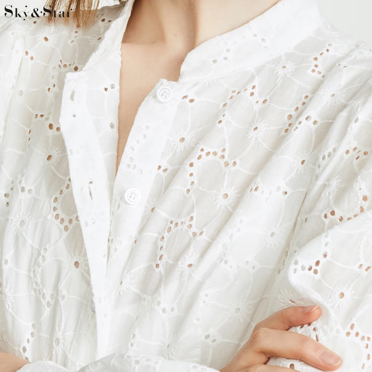 Women casual plain long sleeve embroidered simple white shirt dress with lining