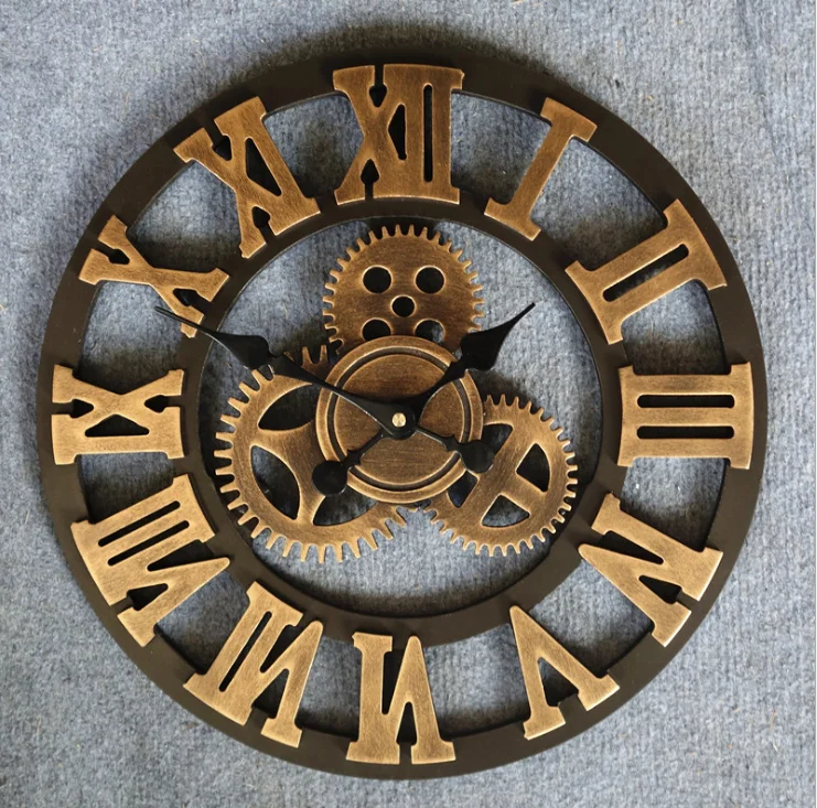 Amazon hot style european-style 3D retro old gear wall clock creative  iron silent wooden wall clock